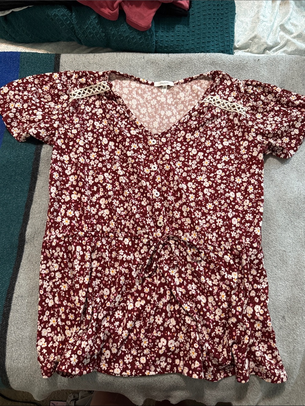 Maurices Burgundy Floral Short Sleeve Blouse
